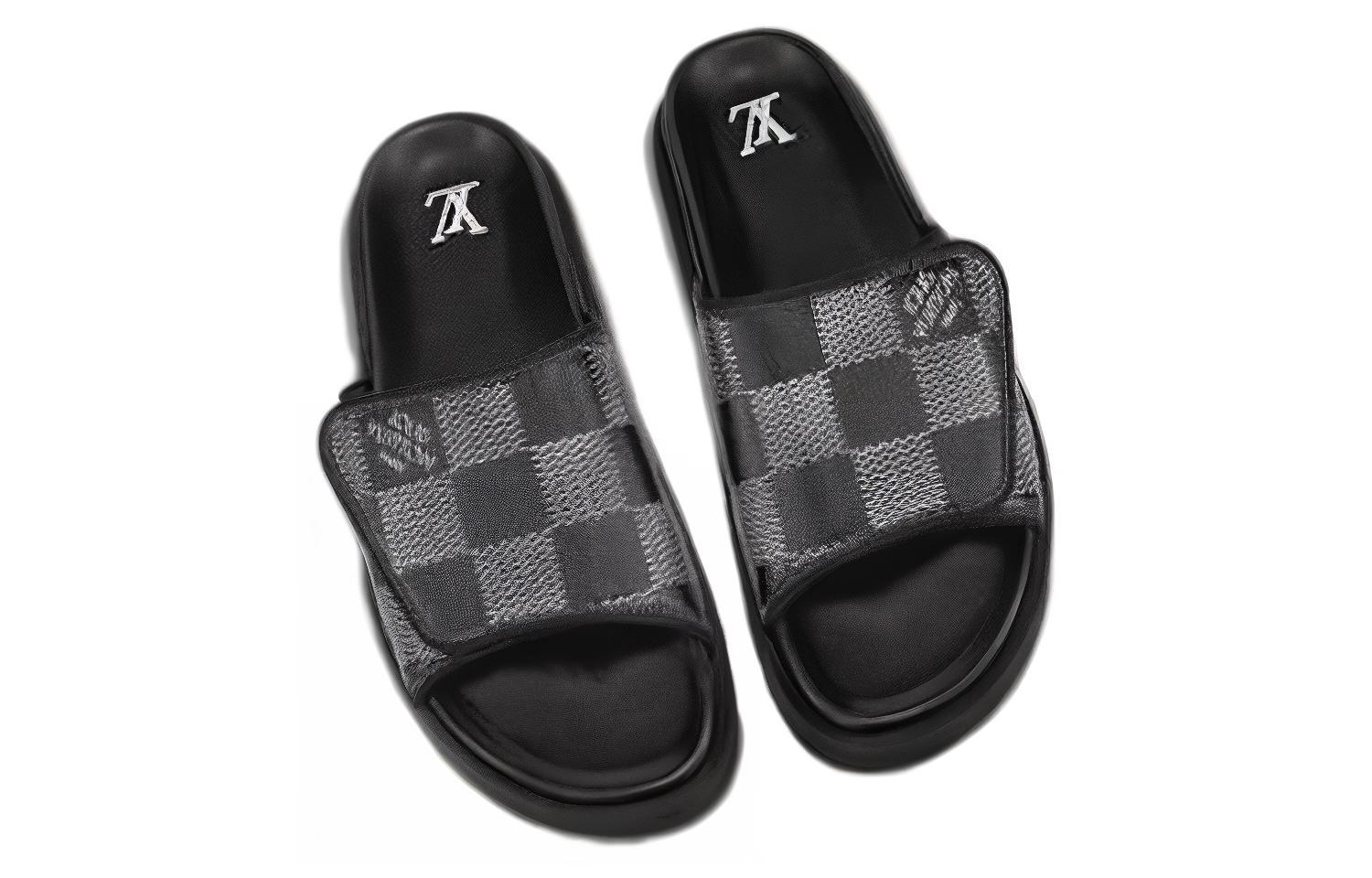 Lookbook Louis Vuitton Miami Kulit 'Velcro Comfort Slip-on' Sandal Mode 'Hitam Abu' 1AANB7