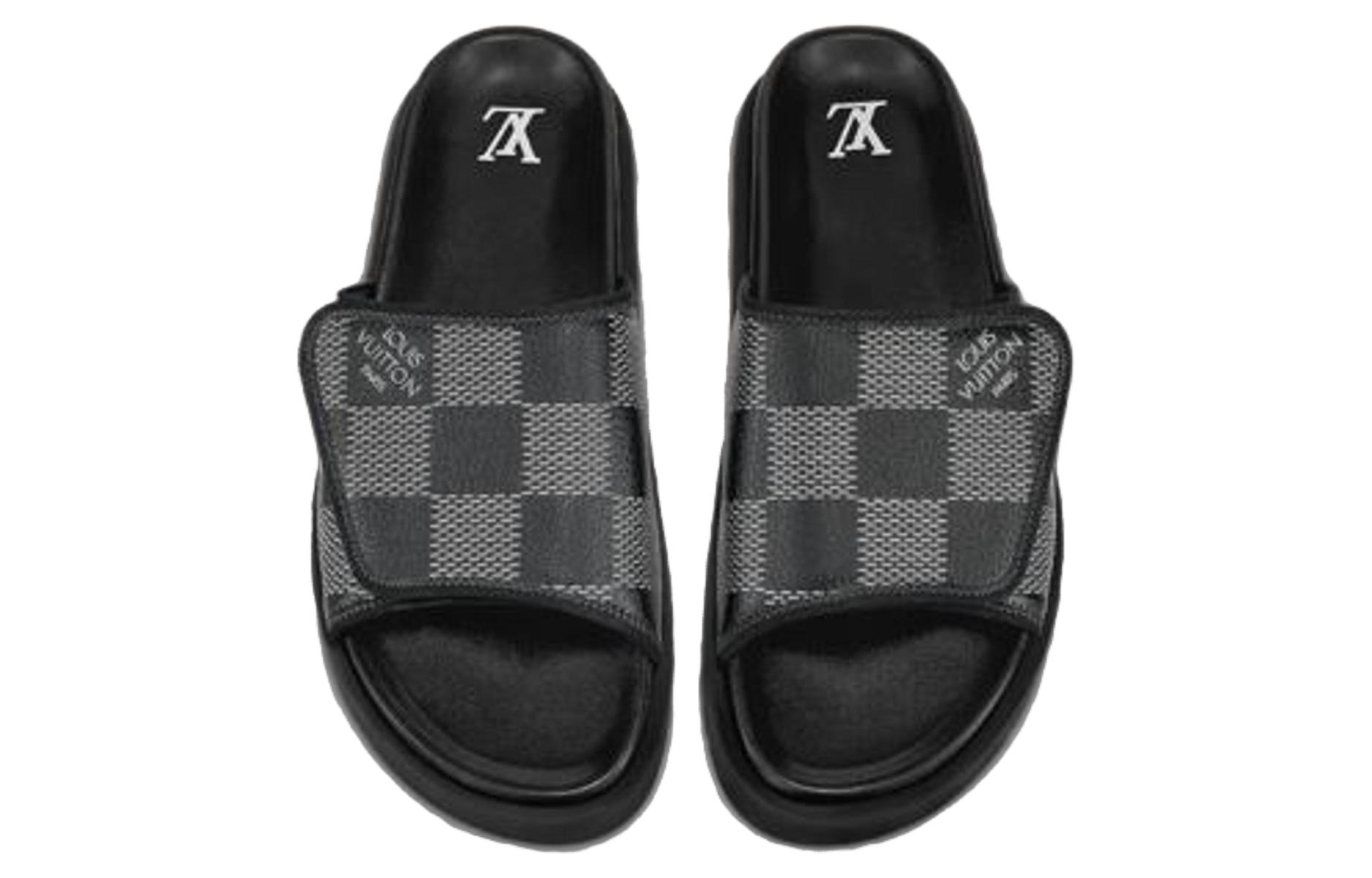 Shop Louis Vuitton Miami Kulit 'Velcro Comfort Slip-on' Sandal Mode 'Hitam Abu' 1AANB7
