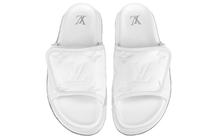 Shop LOUIS VUITTON路易威登 Miami 皮革 魔術貼平跟 時尚涼拖 男款 白色