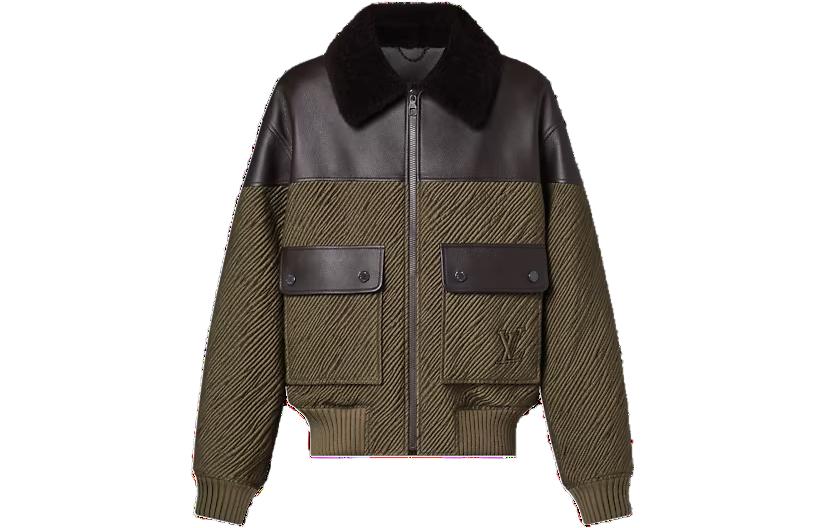 Louis Vuitton Military Green Leather Patchwork Zip-Up Jacket 1AFAHL