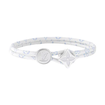 LOUIS VUITTON Modern Style White Canvas Metal Enamel Brass Bracelet for Men m4246e