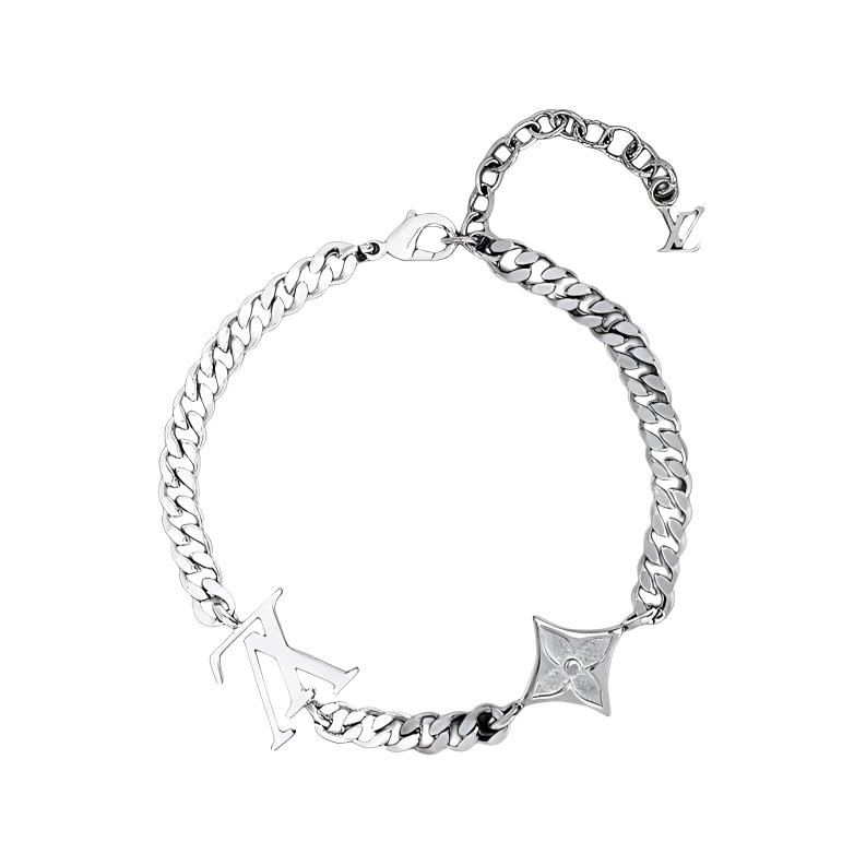LOUIS VUITTON Monogram Floral Cuban Chain Metal Bracelet Silver . M00508