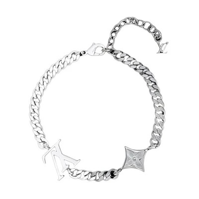 LOUIS VUITTON Monogram Floral Cuban Chain Metal Bracelet Silver . M00508