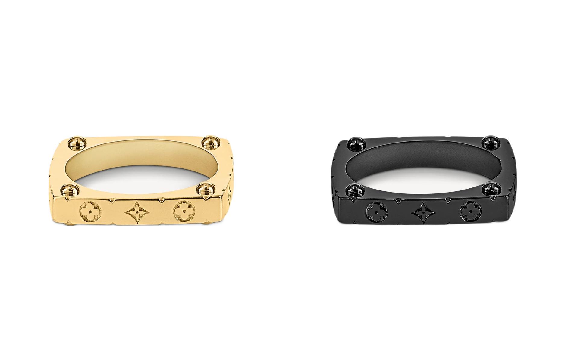 LOUIS VUITTON Monogram Floral Engraved Ring Gold Black Unisex Fashion Accessory M00691