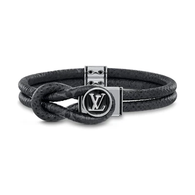 LOUIS VUITTON Monogram Flowers Black Leather Bracelet with Letter Charm. M6780D