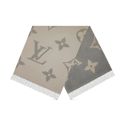 LOUIS VUITTON Monogram Giant Fringe Wool Scarf Beige Gray Mens Luxury. M77951