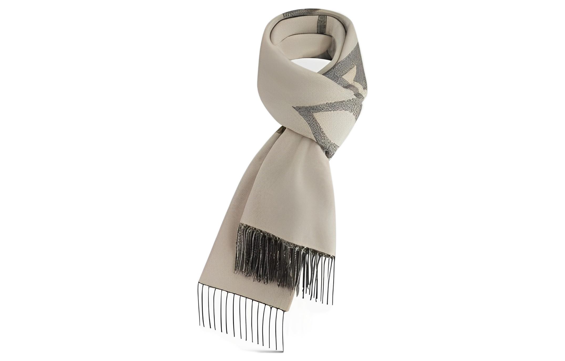 Lookbook LOUIS VUITTON Monogram Giant Fringe Wool Scarf Beige Gray Mens Luxury. M77951