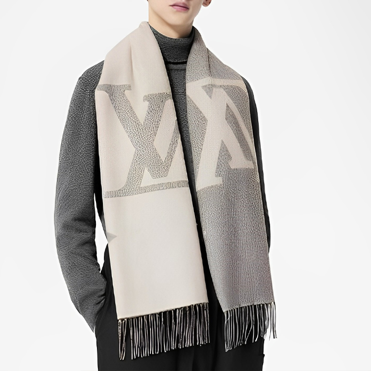Shop LOUIS VUITTON Monogram Giant Fringe Wool Scarf Beige Gray Mens Luxury. M77951