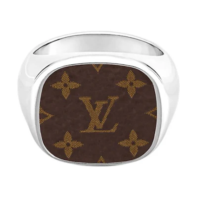LOUIS VUITTON Monogram Lock Signet Ring Silver Wide Band . M00515