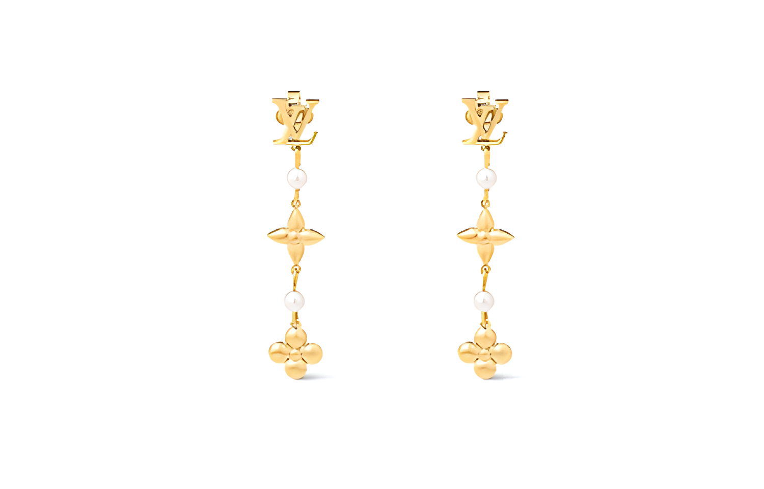 LOUIS VUITTON Monogram Metal Resin Earrings Gold Unisex Couple Design. M01577