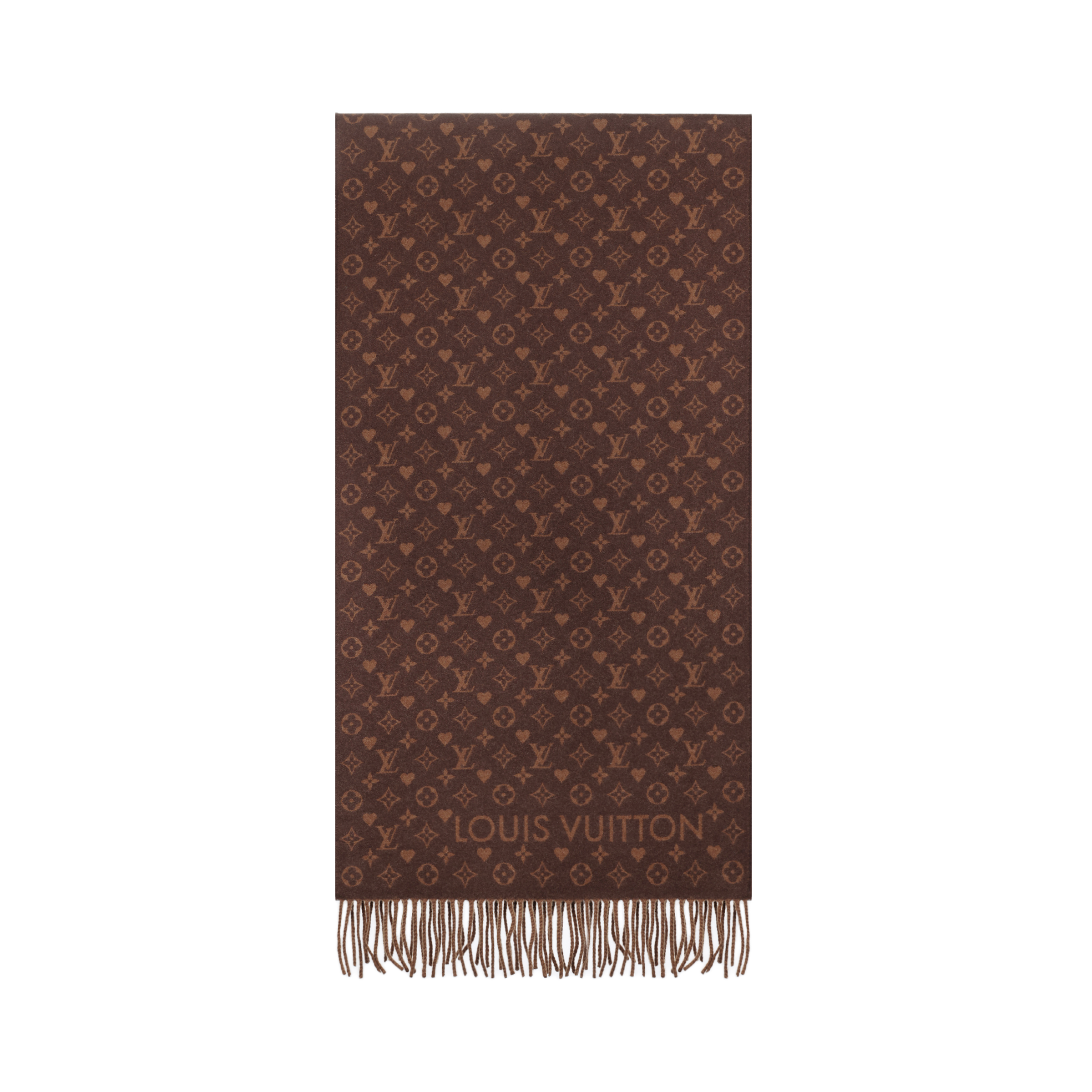 Louis Vuitton Monogram Print Cashmere Wool Scarf Brown Unisex Couple Style. M77377