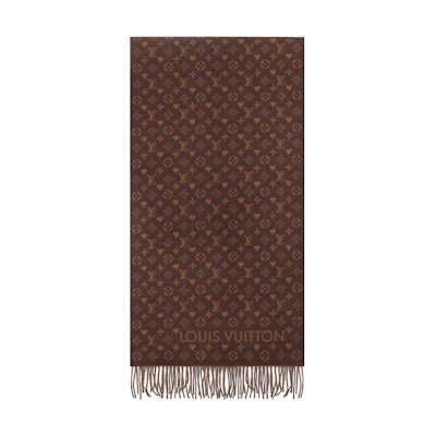 Louis Vuitton Monogram Print Cashmere Wool Scarf Brown Unisex Couple Style. M77377