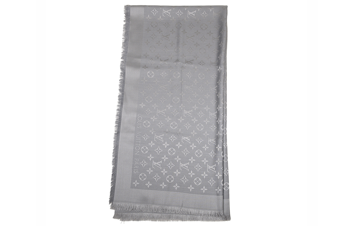 LOUIS VUITTON Monogram Print Fringed Wool Scarf Unisex Grey. M77629