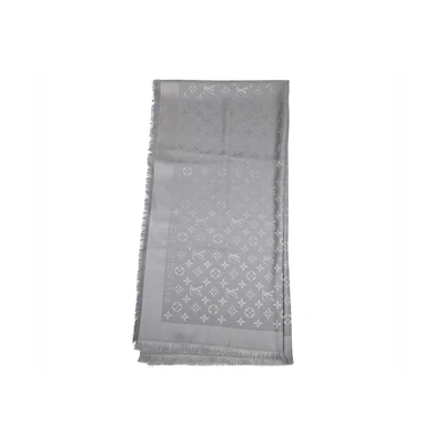 LOUIS VUITTON Monogram Print Fringed Wool Scarf Unisex Grey. M77629