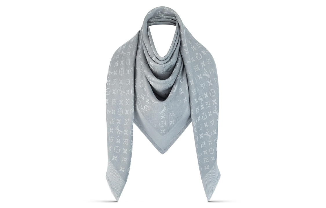 LOUIS VUITTON Monogram Print Fringed Wool Scarf Unisex Grey. M77629 圖 3