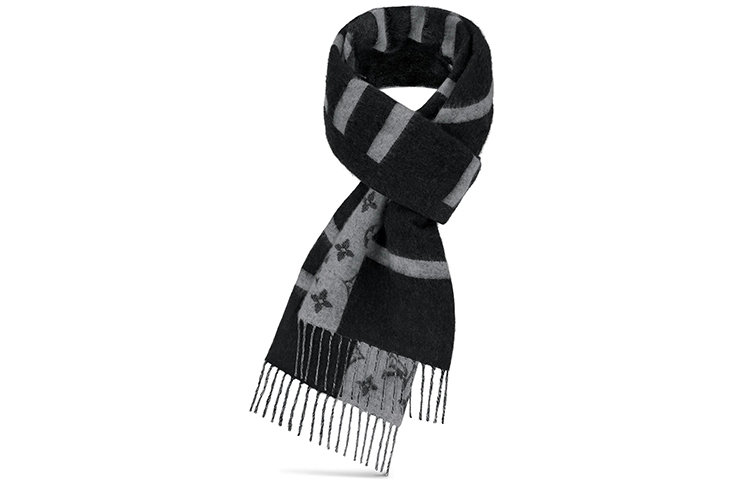 Shop Louis Vuitton Syal Cashmere Monogram Split Unisex Pasangan Hitam/Abu-Abu M70924