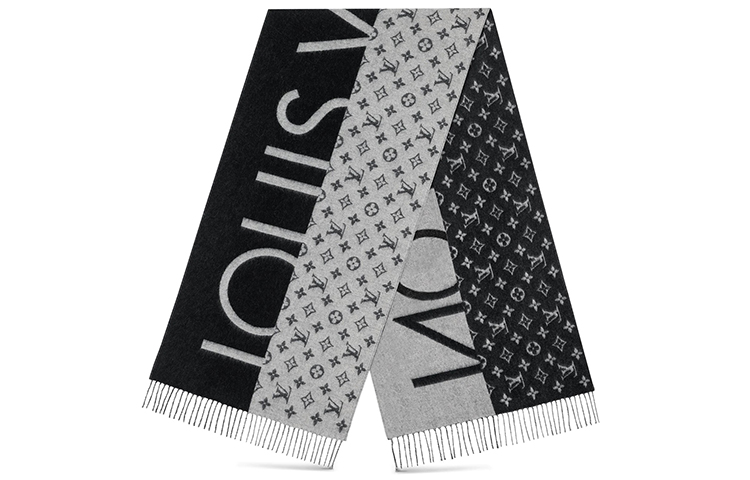 Purchase Louis Vuitton Syal Cashmere Monogram Split Unisex Pasangan Hitam/Abu-Abu M70924