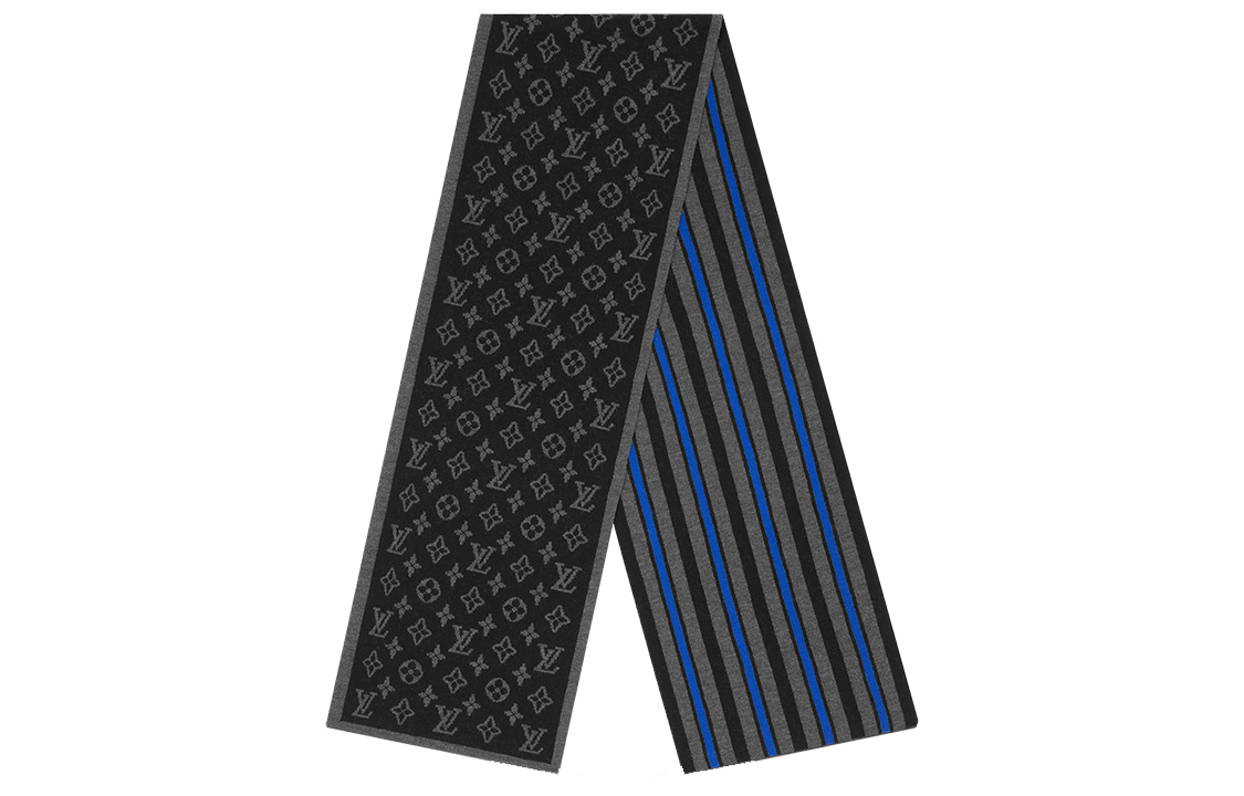 LOUIS VUITTON Monogram Striped Wool Scarf Mens Black M76819