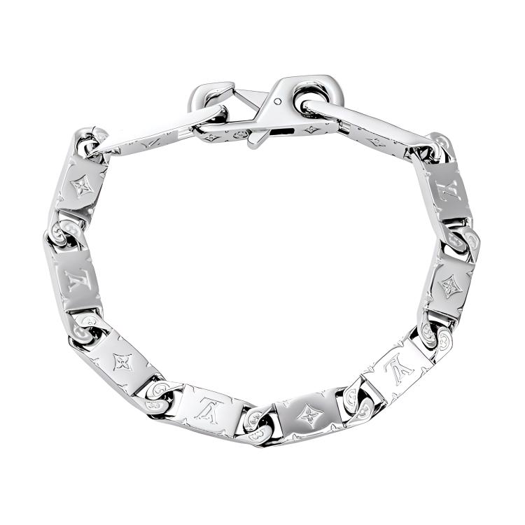 Louis Vuitton Monogram Tied Up Cuban Chain Metal Bracelet Silver Mens. M0921M