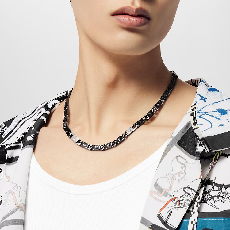 Louis Vuitton Monogram Tied Up Stainless Steel Necklace Unisex Black. m01782 圖 4