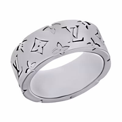 LOUIS VUITTON Mosaic Logo Engraved Brass Ring Silver for Men. M1182S