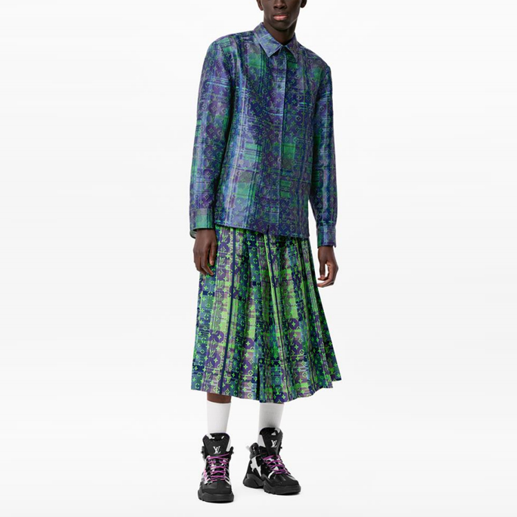 Shop ルイヴィトン ネオンチェック ロゴプリント ルーズフィット 長袖シャツ ブルー 1A97E9