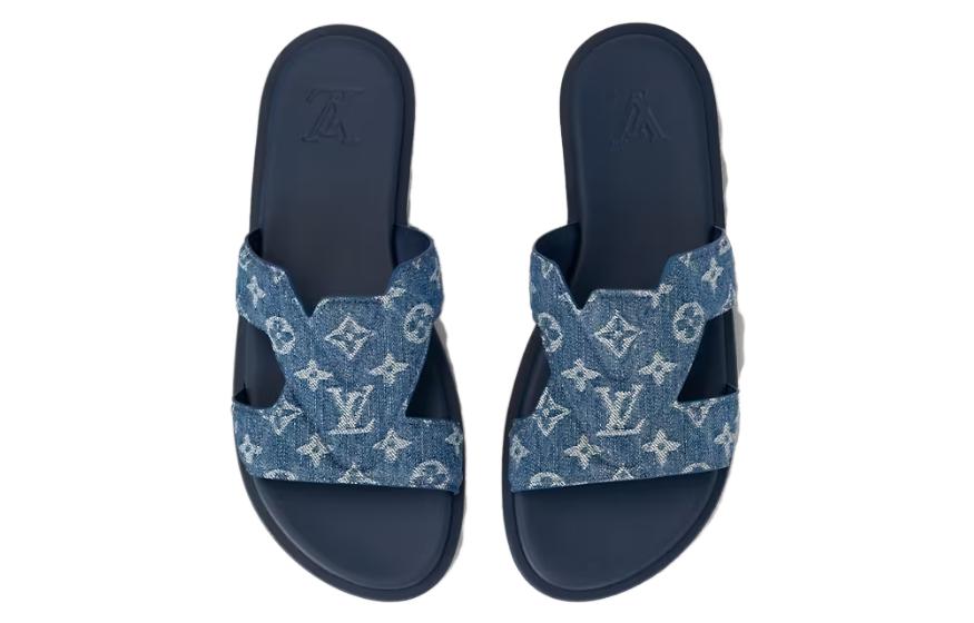 Shop LOUIS VUITTON Oasis 皮革 圓頭套腳厚底 一字拖鞋 男款 藍色