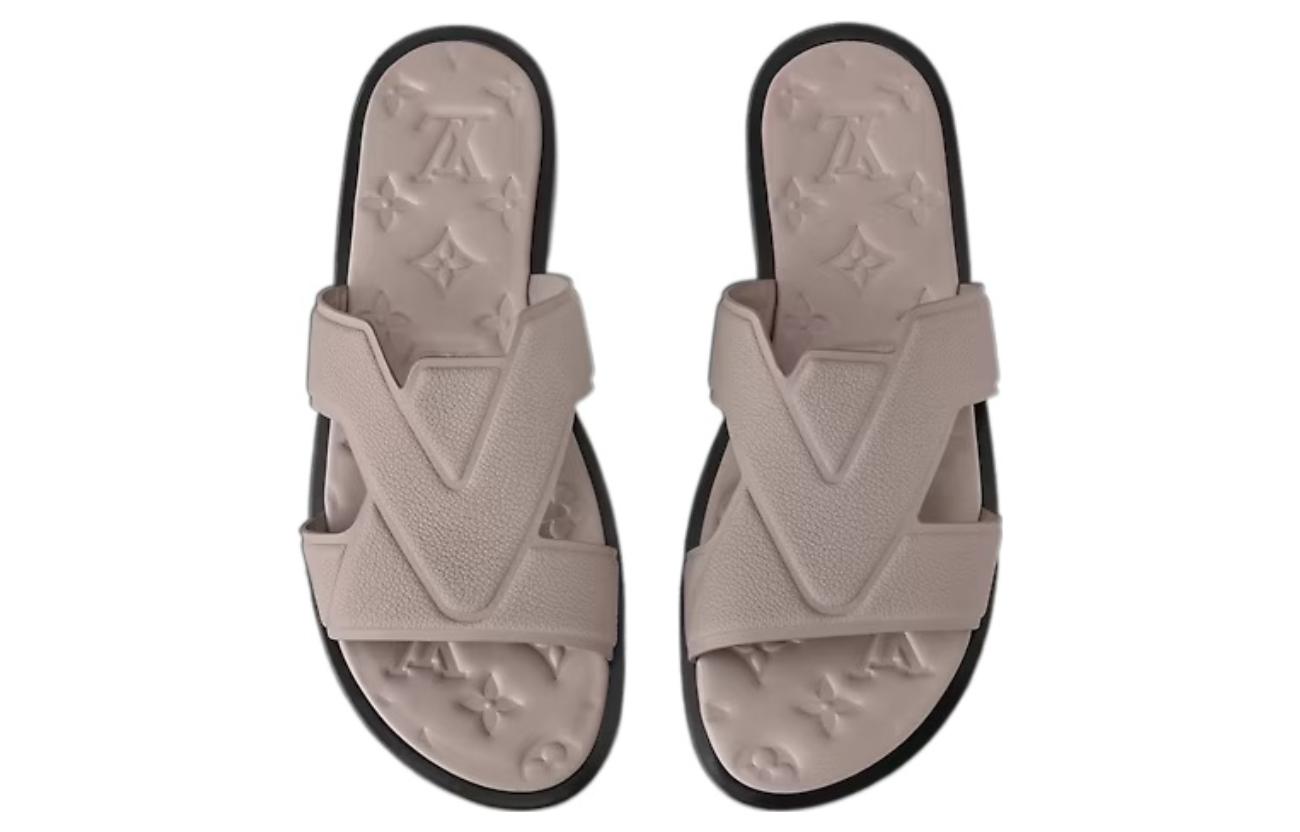 Shop LOUIS VUITTON Oasis 牛皮革 舒適簡約 一字拖鞋 男款 灰褐色