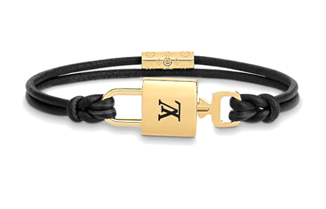 LOUIS VUITTON Padlock Bracelet Black Leather & Metal Unisex Key Lock Design M8138F