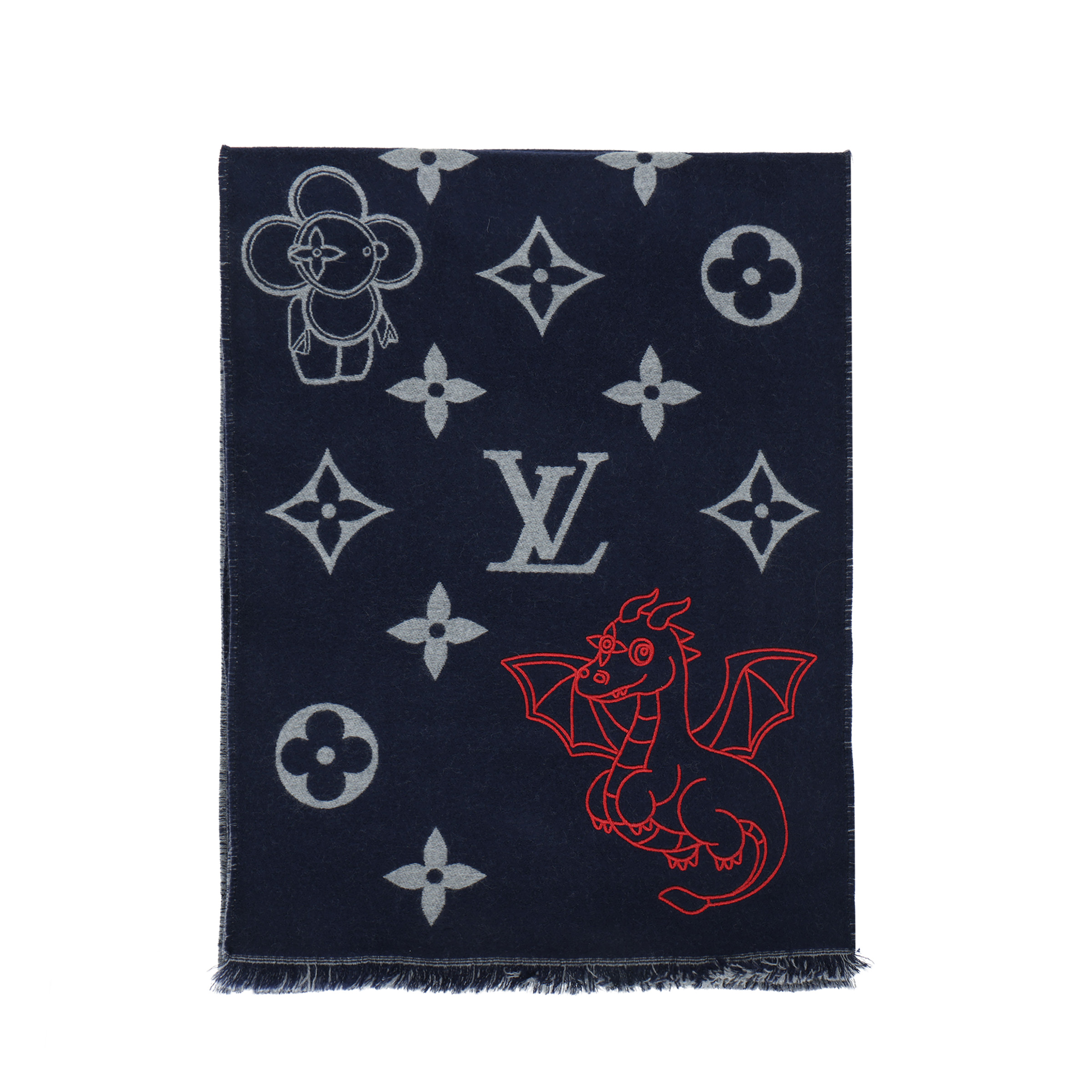 Louis Vuitton Pattern Print Wool Scarf  Navy Blue M79189