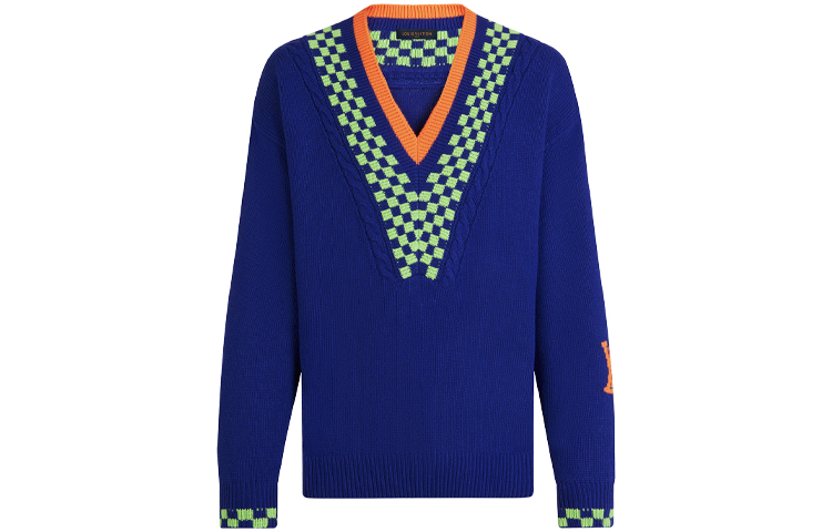 LOUIS VUITTON SS21 Blue Damier Jacquard Wool V-neck Sweater for Men 1A8P3S
