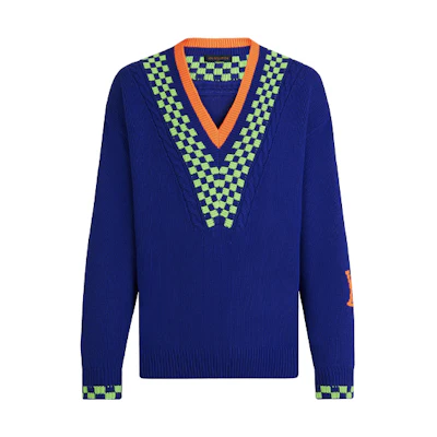LOUIS VUITTON SS21 Blue Damier Jacquard Wool V-neck Sweater for Men 1A8P3S