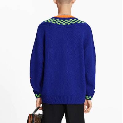 路易威登 SS21 蓝色棋盘格羊毛V领男士毛衣 1A8P3S Shop 路易威登 SS21 蓝色棋盘格羊毛V领男士毛衣 1A8P3S