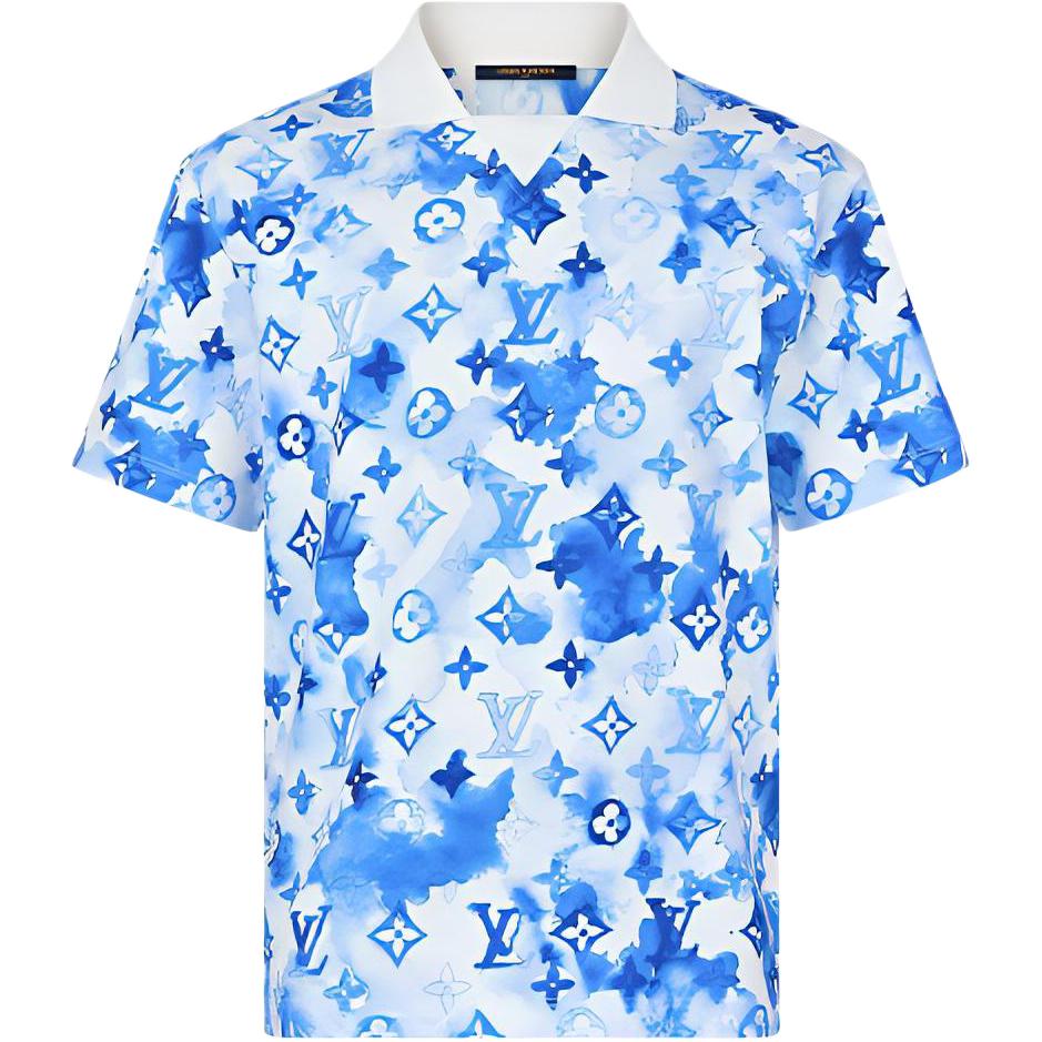 LOUIS VUITTON SS21 Blue Ink Print Short Sleeve Polo Shirt 1A8QXE