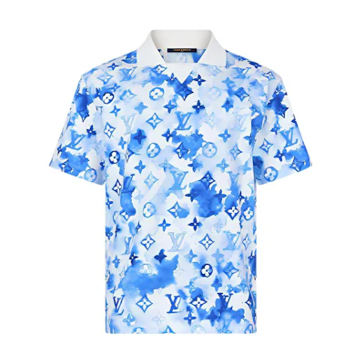 LOUIS VUITTON SS21 Blue Ink Print Short Sleeve Polo Shirt 1A8QXE