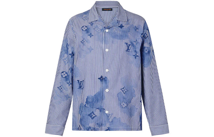 LOUIS VUITTON SS21 Blue Striped Ink Logo Print Pajama Shirt Men 1A8R12
