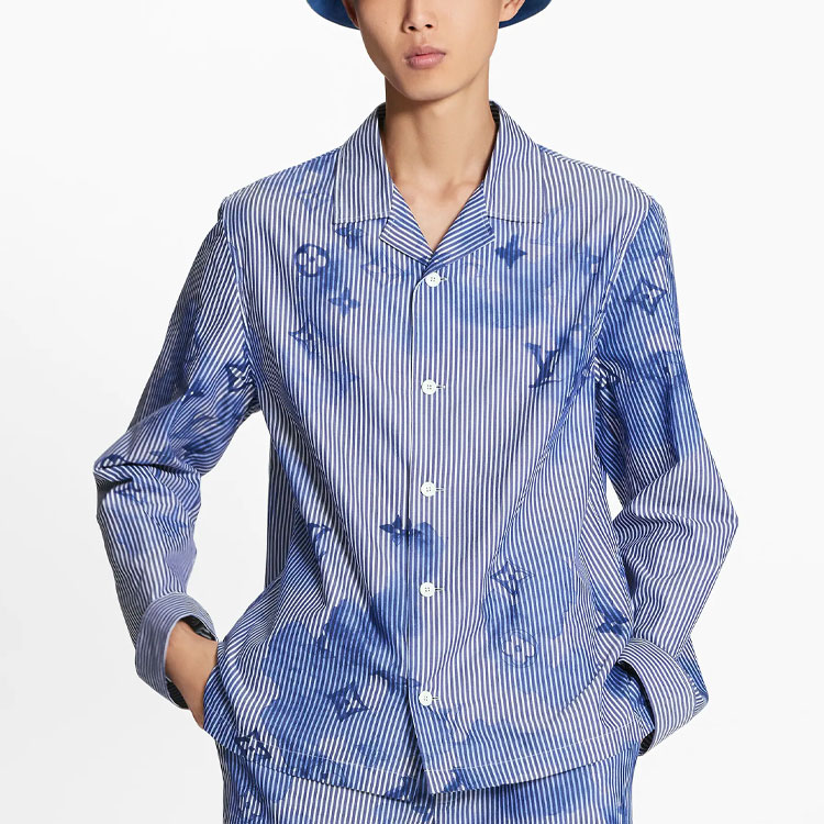 Shop LOUIS VUITTON SS21 Baju Pajama Lelaki Biru Bergaris dengan Logo Dakwat. 1A8R12