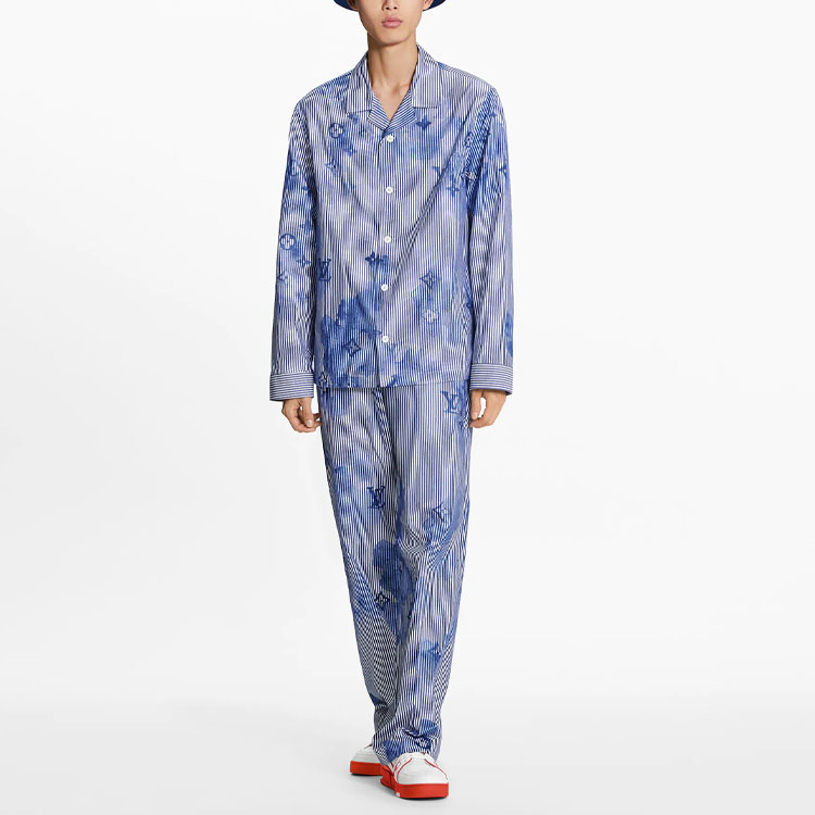 Details for LOUIS VUITTON SS21 Baju Pajama Lelaki Biru Bergaris dengan Logo Dakwat. 1A8R12