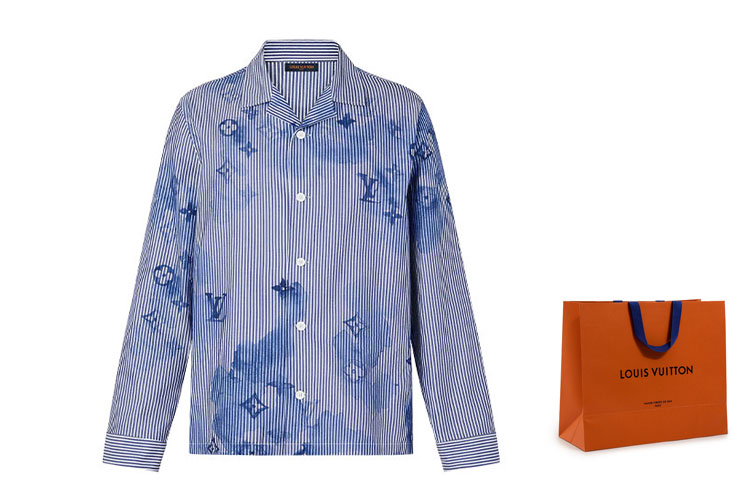 Sizing LOUIS VUITTON SS21 Baju Pajama Lelaki Biru Bergaris dengan Logo Dakwat. 1A8R12