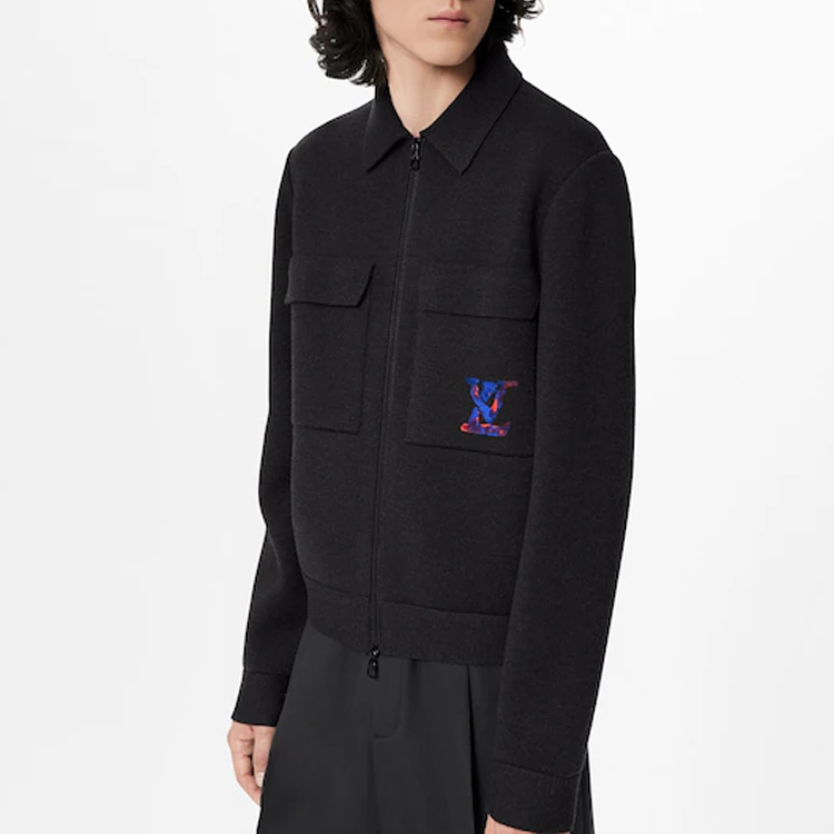 Shop Louis Vuitton SS22  Black Embroidered Logo Zip-Up Jacket 1A9GJ4
