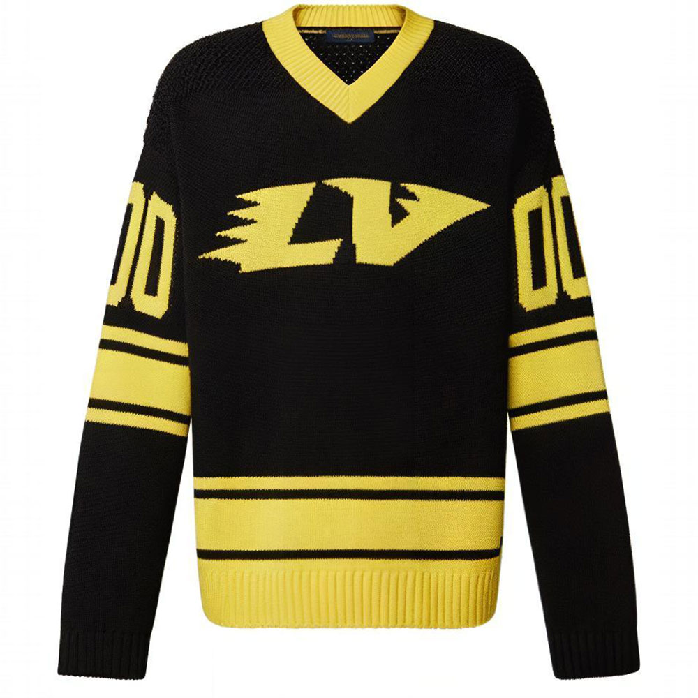 LOUIS VUITTON SS22 Black Jacquard Striped Logo V-Neck Sweater . 1A9TAX