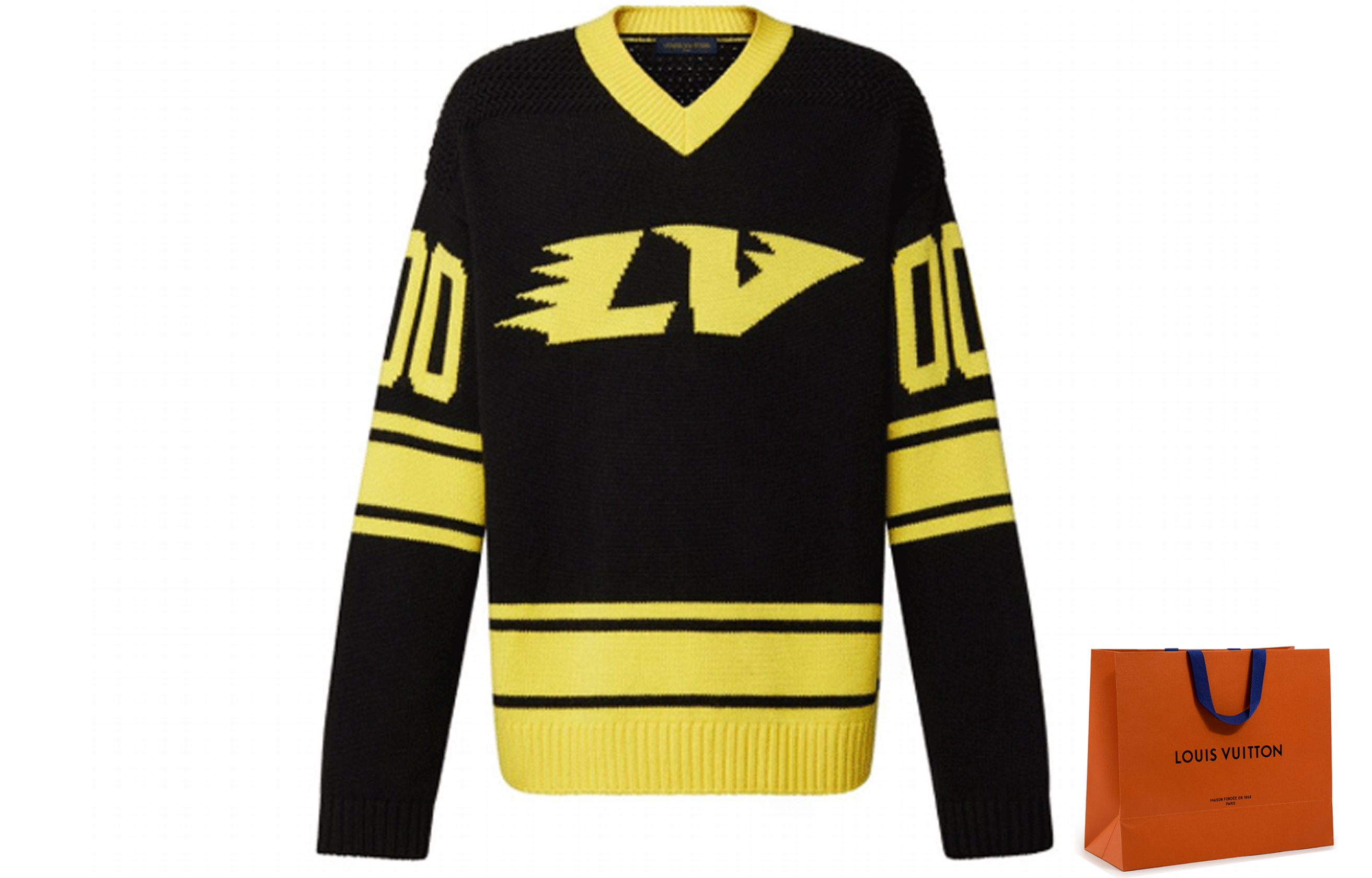 Order LOUIS VUITTON SS22 Baju Hitam Jacquard Logo Belang Leher V. 1A9TAX