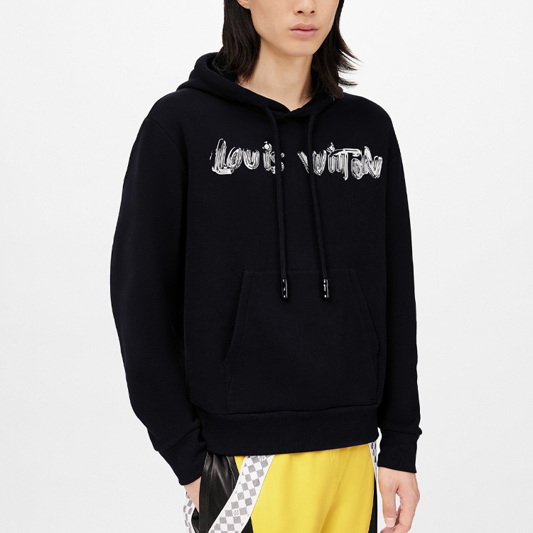 Shop 루이비통 SS22 블랙 모노그램 로고 프린트 긴팔 후드티. 1A9SVU