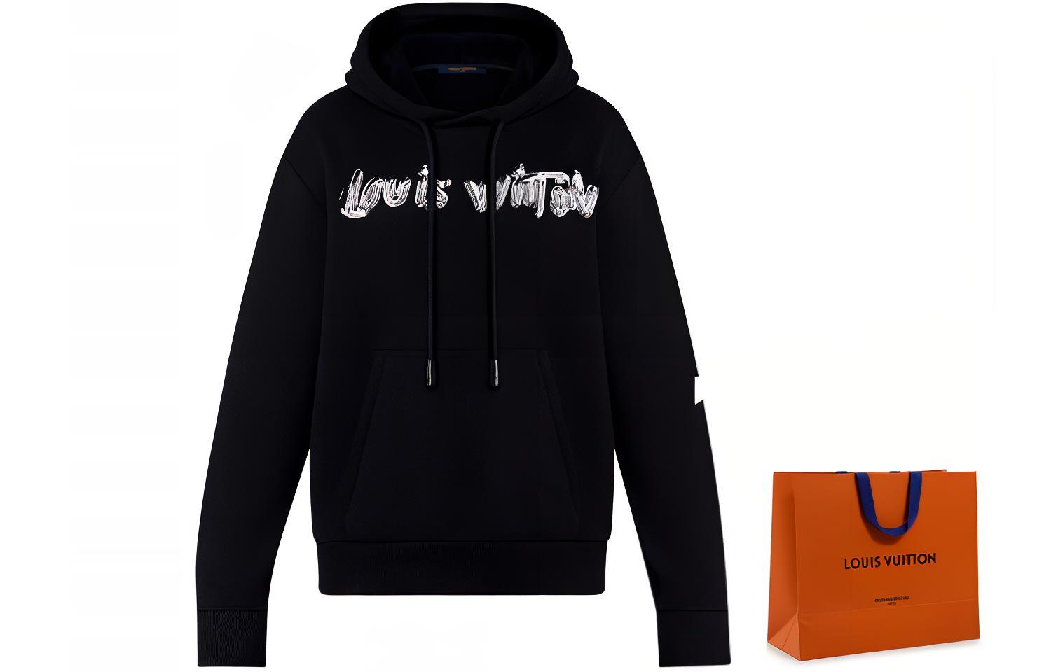 Sizing 루이비통 SS22 블랙 모노그램 로고 프린트 긴팔 후드티. 1A9SVU