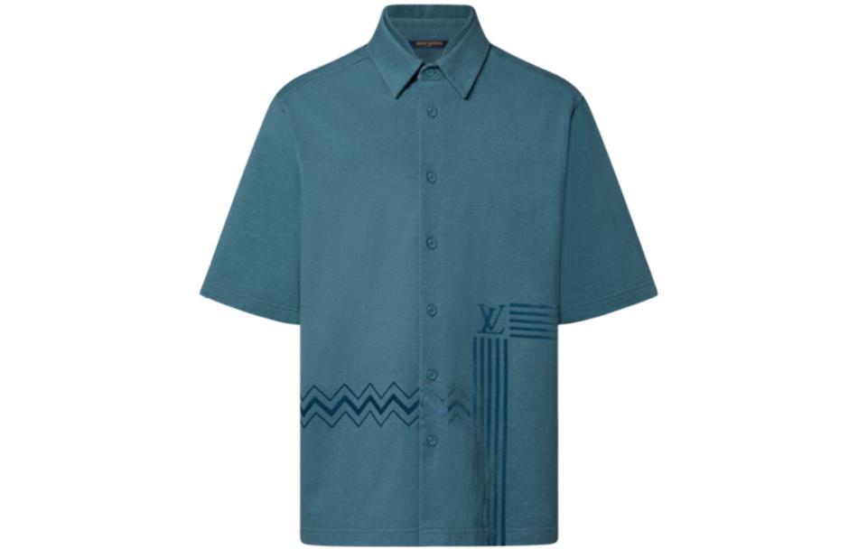 LOUIS VUITTON SS22 Blue Flocked Logo Knit Short-Sleeve Shirt for Men. 1AA4WX