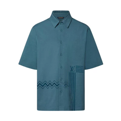 LOUIS VUITTON SS22 Blue Flocked Logo Knit Short-Sleeve Shirt for Men. 1AA4WX