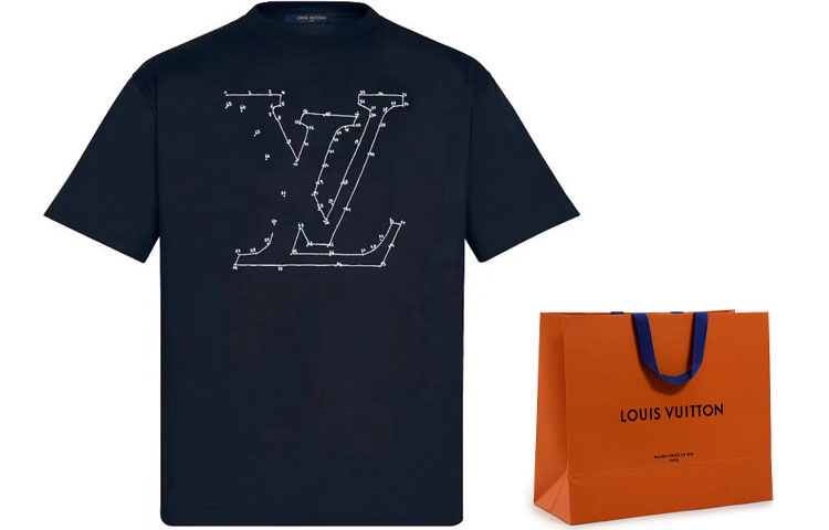 Sizing LOUIS VUITTON SS22 Kaos Lengan Pendek Pria Bordir Stitch Biru. 1A96L5
