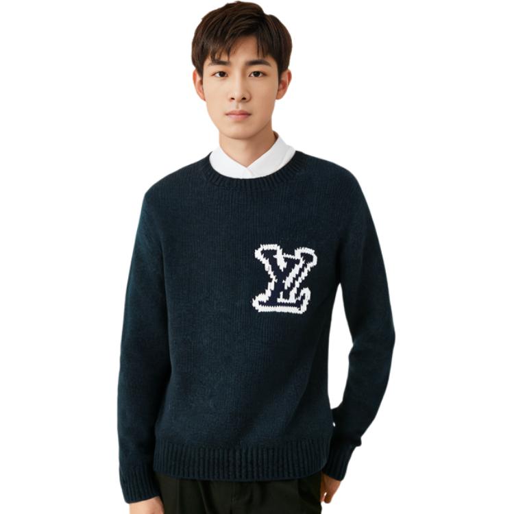 Shop 路易威登 2022春夏经典海军蓝羊毛套头衫 圆领毛衣 1A96KK