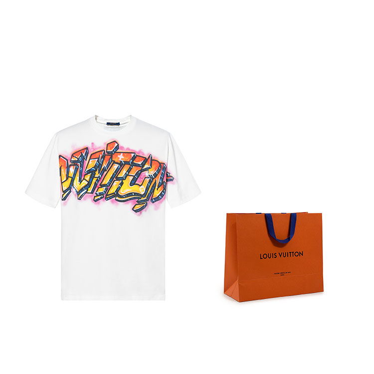 Shop 루이비통 SS22 로고 그래피티 반팔 티셔츠 화이트 남성용. 1A9T6P