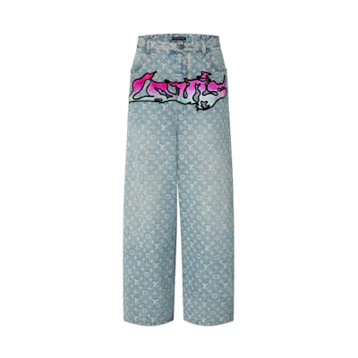 LOUIS VUITTON SS22 Logo Print Graffiti Denim Jeans Blue 1A9T0M